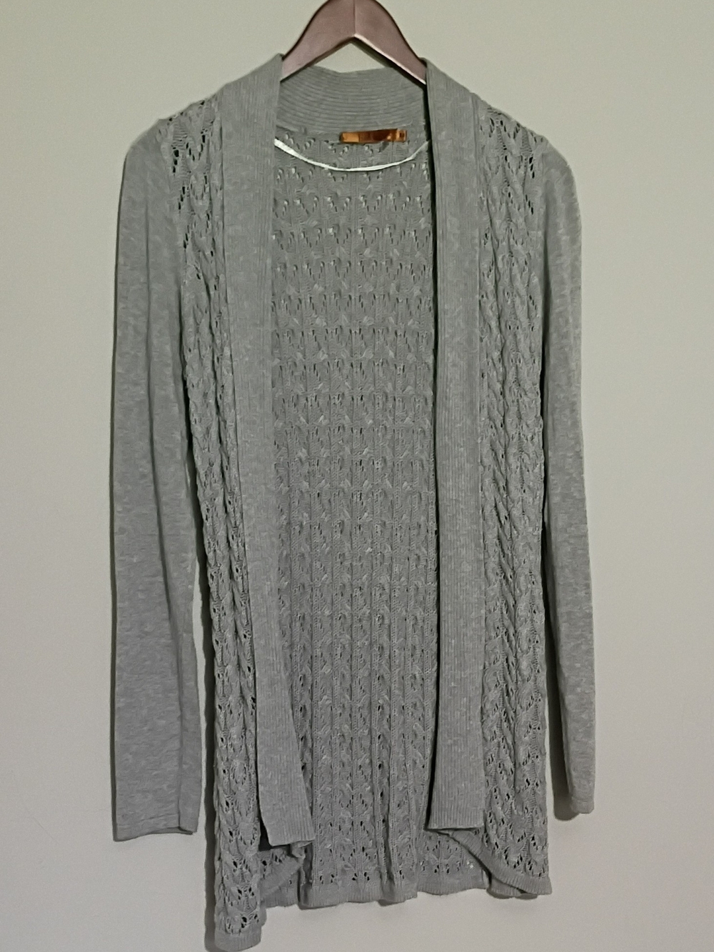 Belldini Light Gray Open-Front Lace Knit Cardigan